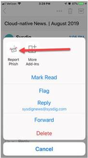 Report Phish Outlook mobile touch report phish