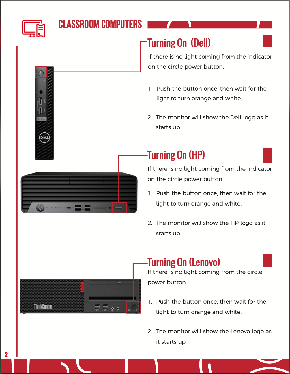 Classroom instructions for turning on Dell, HP, and Lenovo computers with labeled images of each.