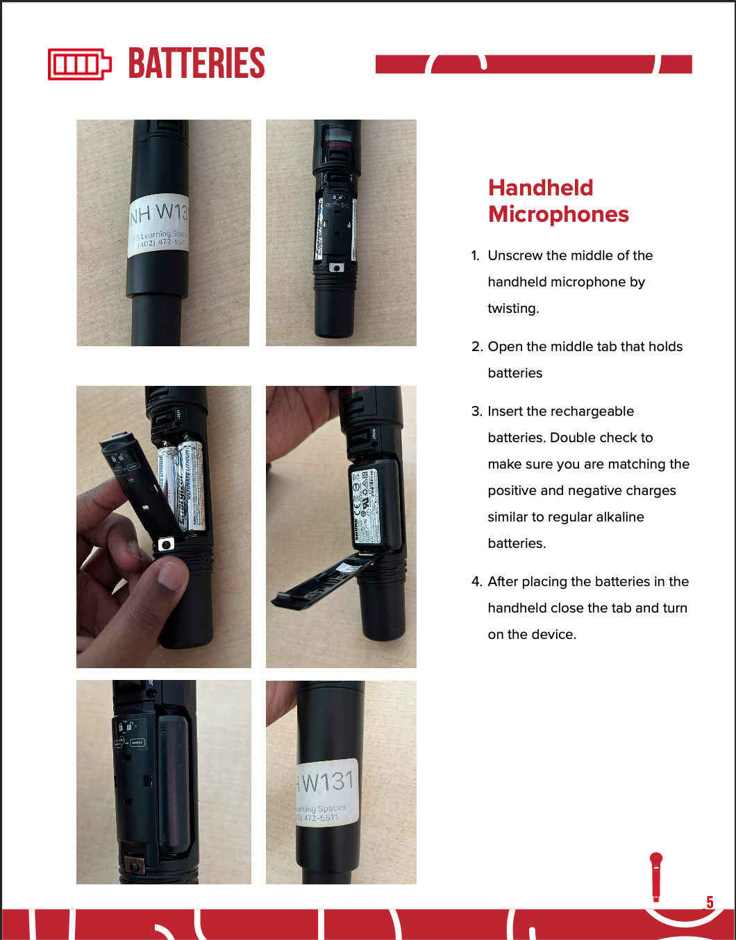 Handheld microphone with step-by-step instructions for inserting rechargeable batteries.