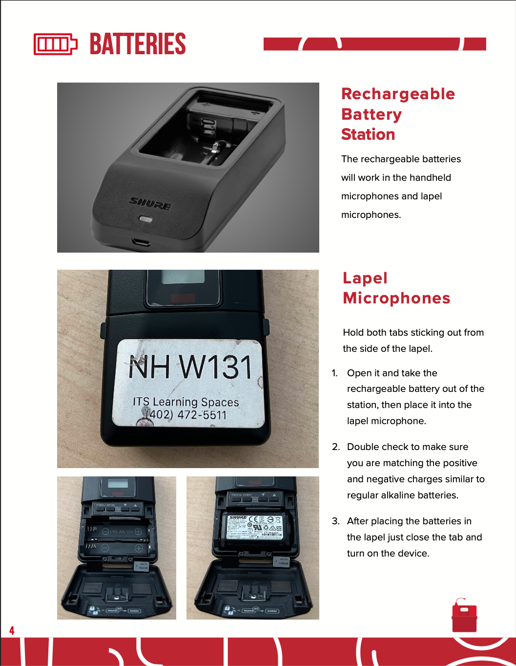 Rechargeable battery station and lapel microphones with detailed usage instructions.
