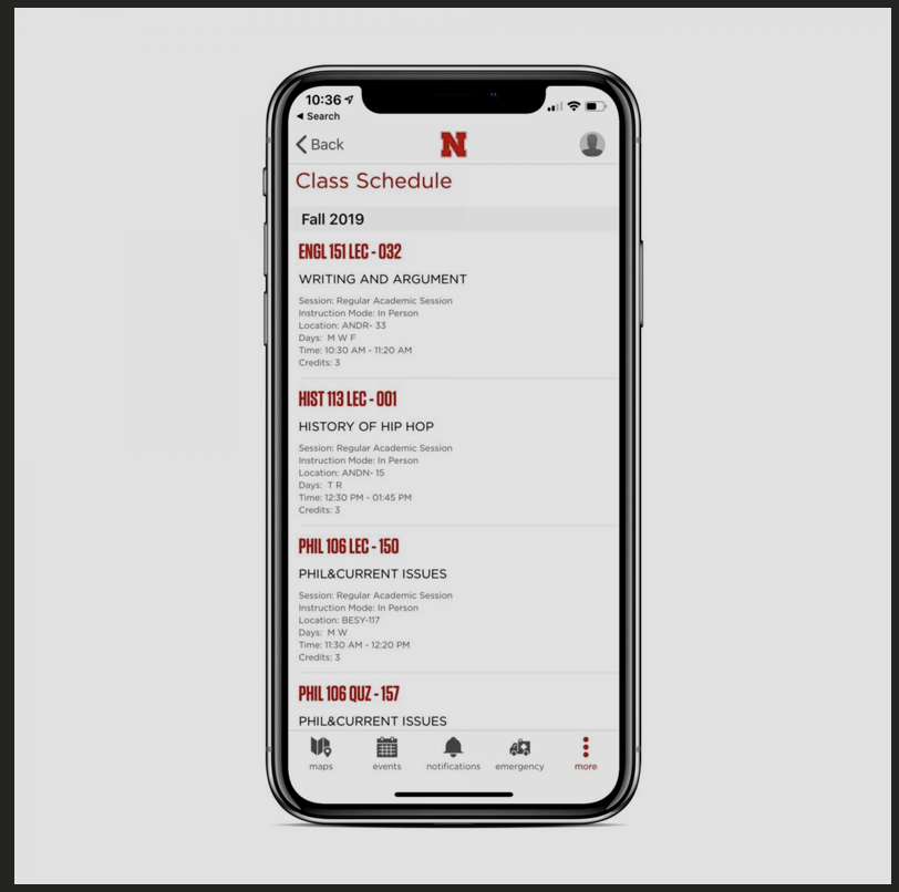 Nebraska app- Class Schedule