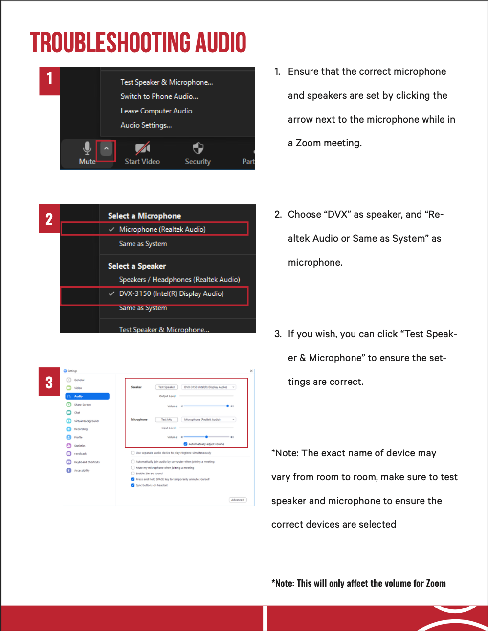 Troubleshooting guide for setting up audio in Zoom, with numbered steps and screenshots for instructions.
