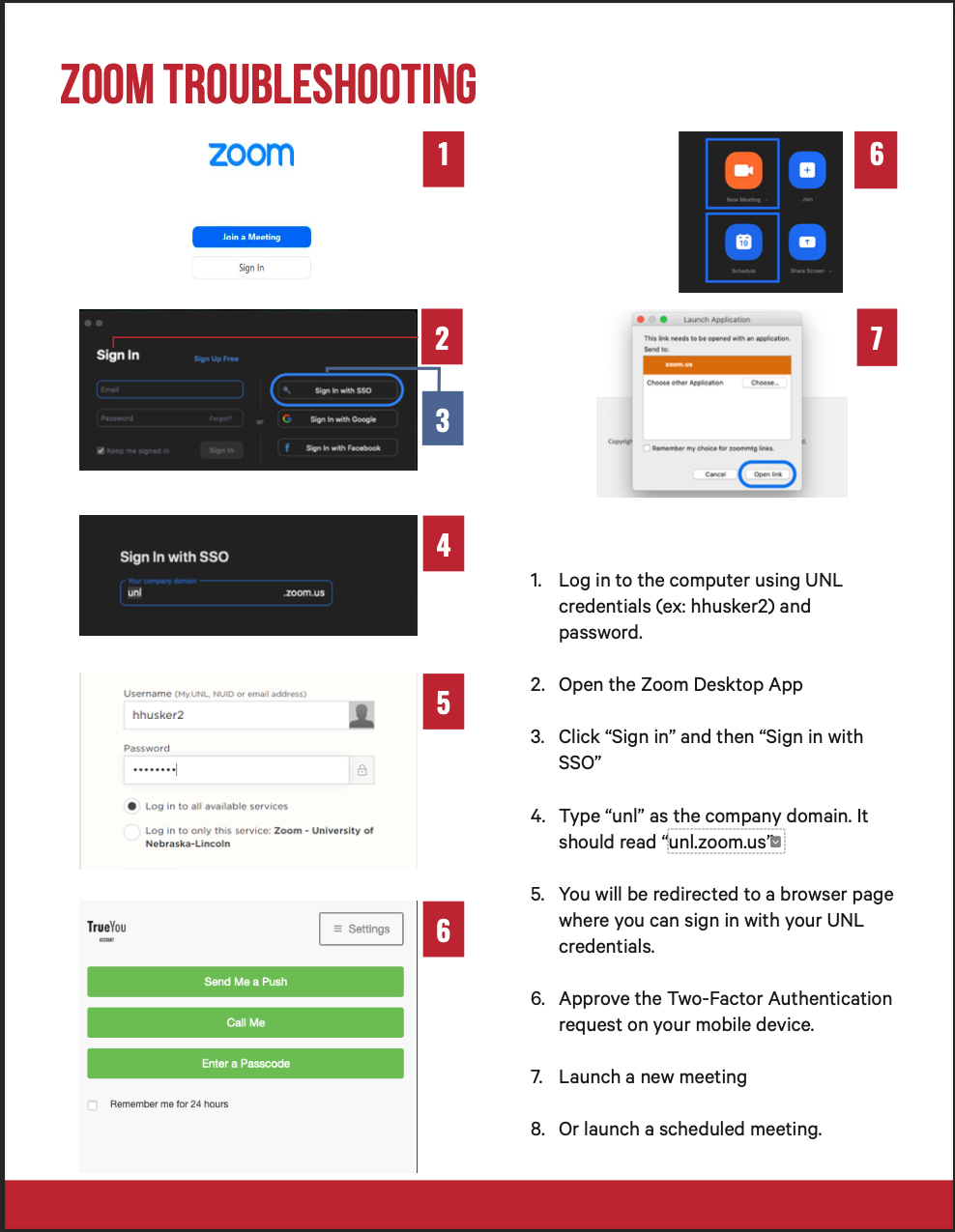 Zoom troubleshooting guide with numbered steps, screenshots, and instructions for signing in.